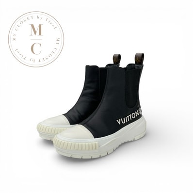 ルイヴィトン LOUIS VUITTON スクァッドライン モノグラム ブーツ ショートブーツ 靴 シューズ レザー ブラック ホワイト ロゴ サイドゴア アンクルブーツ ハイカットスニーカー