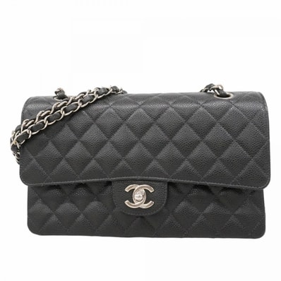 【6dd5394】シャネル ショルダーバッグ マトラッセ Wフラップ Wチェーン キャビアスキン ブラック ゴールド金具【中古】レディース
