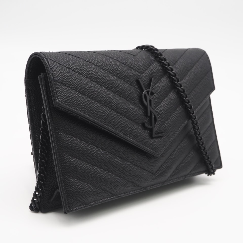 美品 SAINT LAURENT サンローラン グレイン ド プードルレザー カサンドラ エンベロープ チェーンウォレット 393953 ショルダーバッグ ブラック カーフレザー レディース