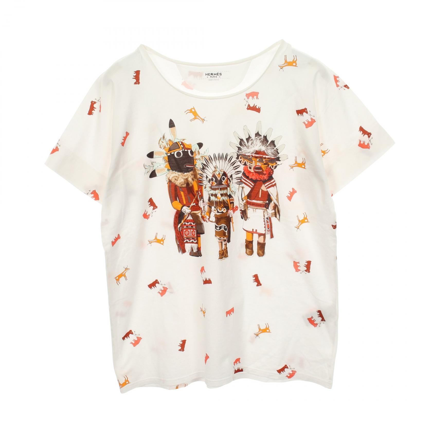 エルメス HERMES カチナ 半袖Tシャツ 衣料品 トップス コットン ホワイト レディース ホワイト系 / マルチカラー 【中古】