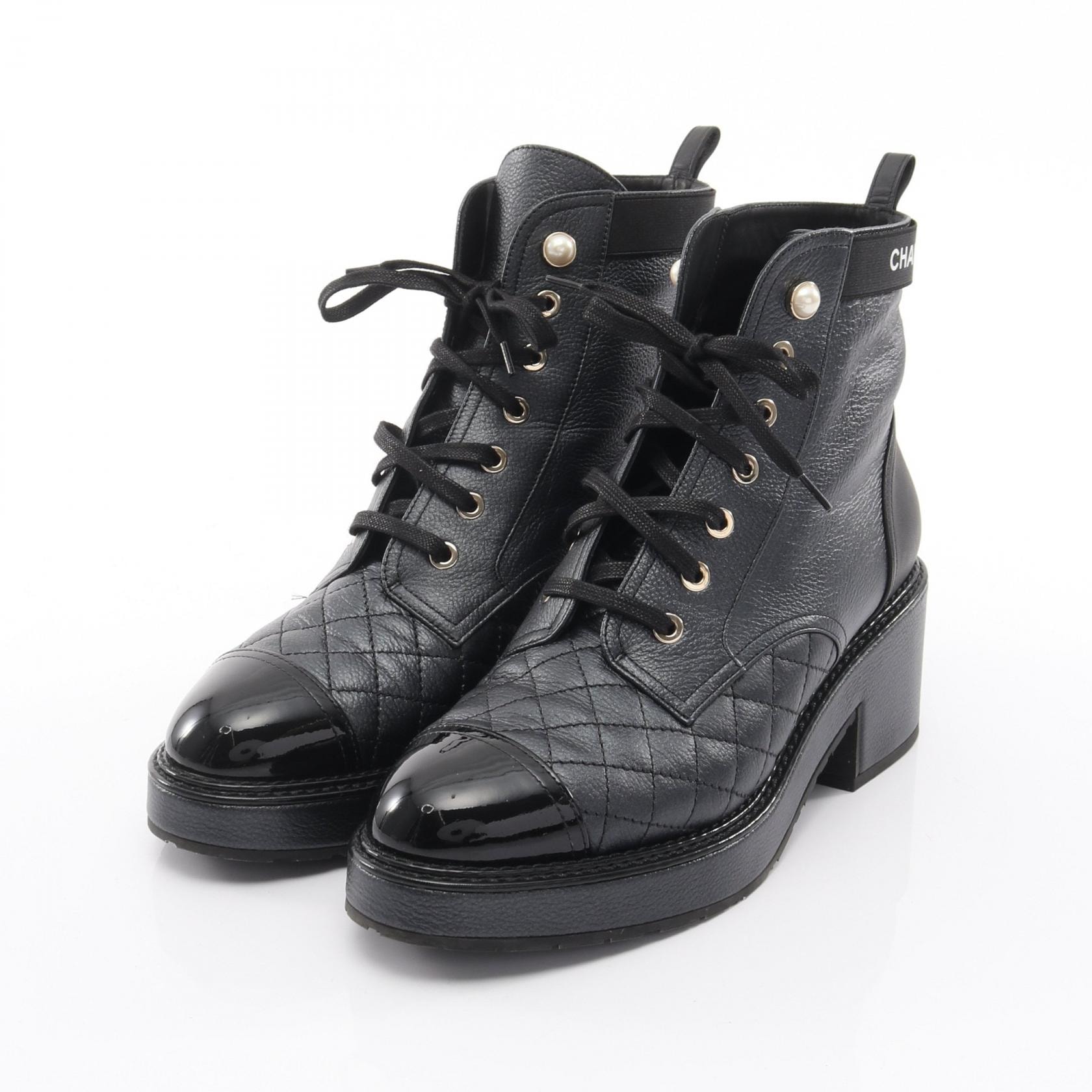 シャネル CHANEL ブーツ 靴 レザー パテントレザー フェイクパール レディース ブラック系 G38514Y5558494305 【中古】