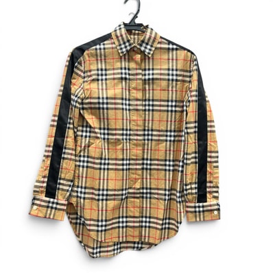 BURBERRY 美品 バーバリー アームテープ ノバチェック 長袖シャツ 8003206 コットン #36 ブラウン マルチカラー チェック柄 ノヴァチェック ABランク 中古 鑑定済 バーバリーシャツ