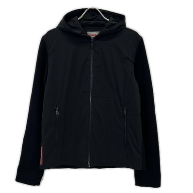 プラダスポーツ SGN328 16年 ブラック ナイロン×ウール エルボーパッチ ニット切替フーデッドジャケット 48