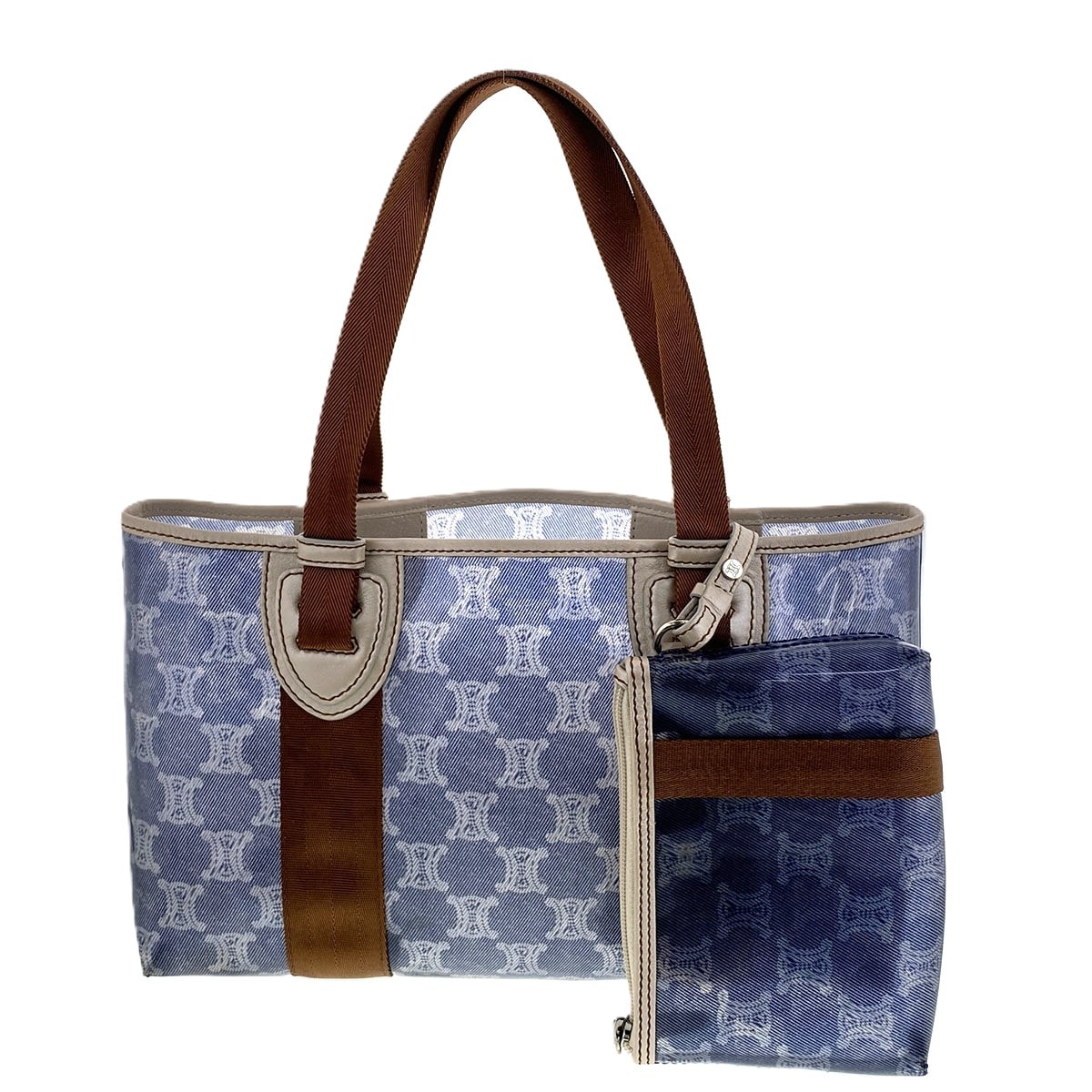 CELINE セリーヌ トリオンフ マカダム ビニール トートバッグ ビニール PVC ネイビー ブラウン  レディース【中古】