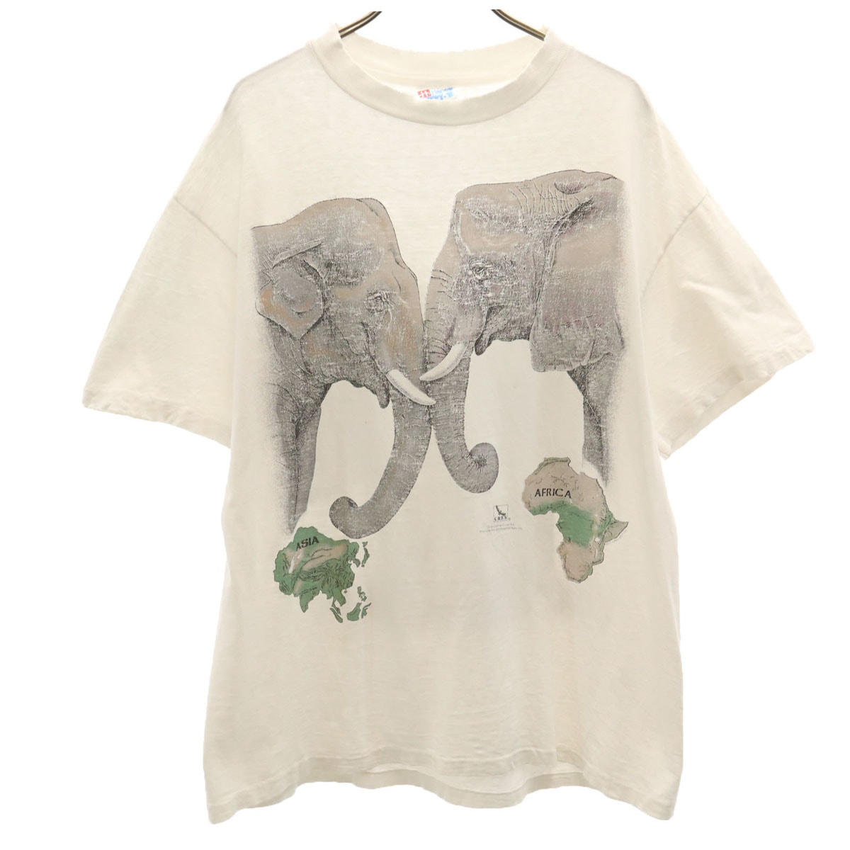 Hanes ヘインズ 90s USA製 オールド エレファント プリント 半袖 Tシャツ L ホワイト シングルステッチ BEEFY-T 象 アニマル柄