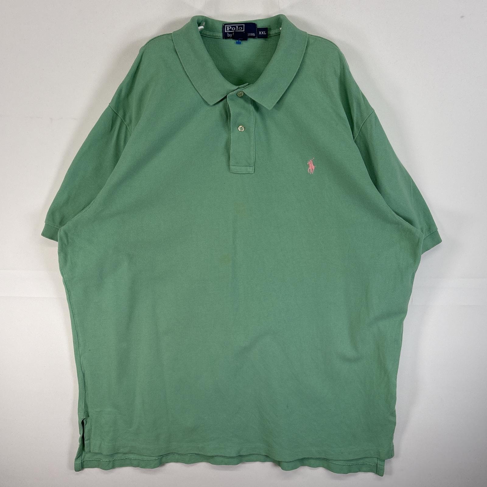 古着 90's/90年代 ポロバイラルフローレン Polo by Ralph Lauren 鹿の子 半袖 ポロシャツ ロゴ 刺繍 2ボタン 大きいサイズ 14041  グリーン 無地 メンズ