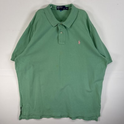 古着 90's/90年代 ポロバイラルフローレン Polo by Ralph Lauren 鹿の子 半袖 ポロシャツ ロゴ 刺繍 2ボタン 大きいサイズ 14041 グリーン 無地 メンズ