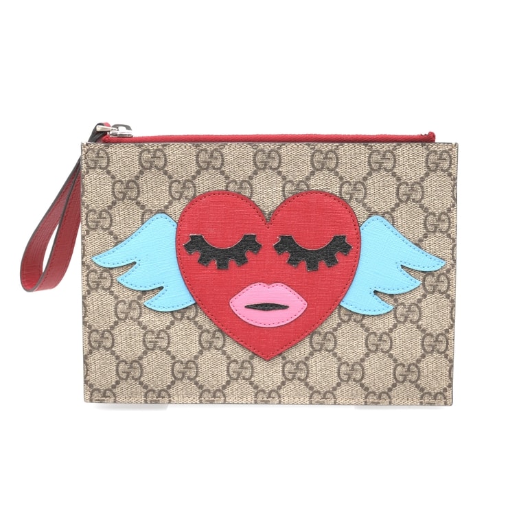 GUCCI(グッチ)GGスプリーム チルドレンズ ハート ウイング ポーチ リストレット クラッチバッグ ベージュ GG柄 PVC レザー レッド マルチカラー シルバー金具 499338 レディース【中古】