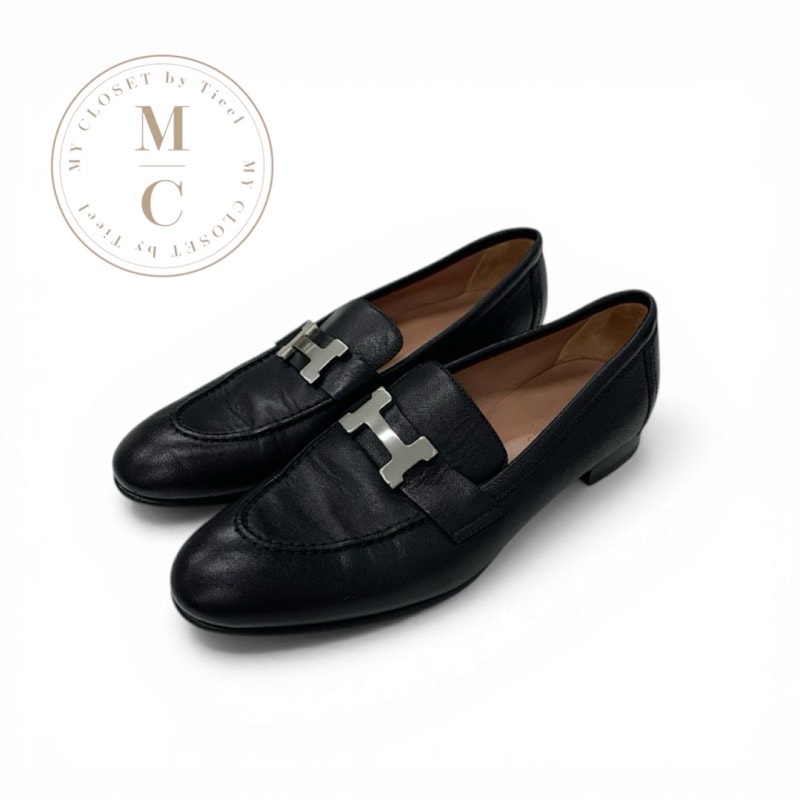 エルメス HERMES パリ ローファー 革靴 靴 シューズ レザー ブラック 黒 シルバー H金具 モカシン