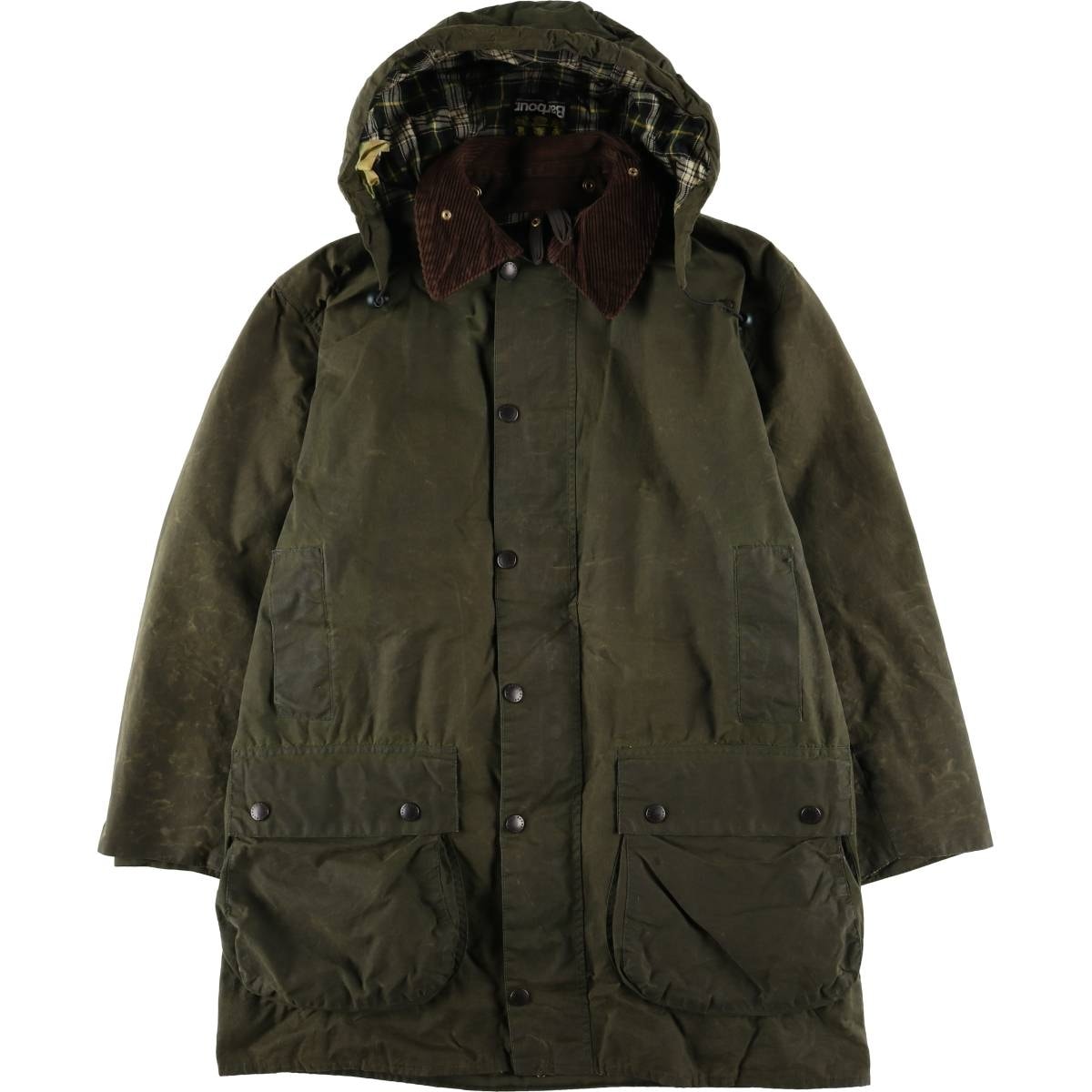 古着 80~90年代 バブアー Barbour BORDER ボーダー フード付き 旧3ワラント ワックスコットン オイルドジャケット 英国製 メンズL相当 ヴィンテージ/eaa604987