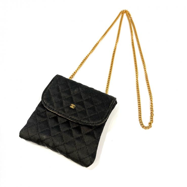 CHANEL ヴィンテージマトラッセ マイクロチェーンポーチ ミニチェーンショルダー サテン ブラック 鑑定済み 正規品 シャネル