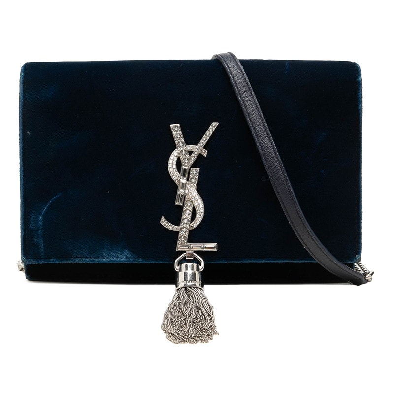 サンローラン YSLロゴ ケイト チェーン ショルダーバッグ ネイビー シルバー ベロア ラインストーン レディース SAINT LAURENT 中古