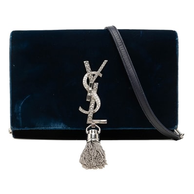 サンローラン YSLロゴ ケイト チェーン ショルダーバッグ ネイビー シルバー ベロア ラインストーン レディース SAINT LAURENT 中古
