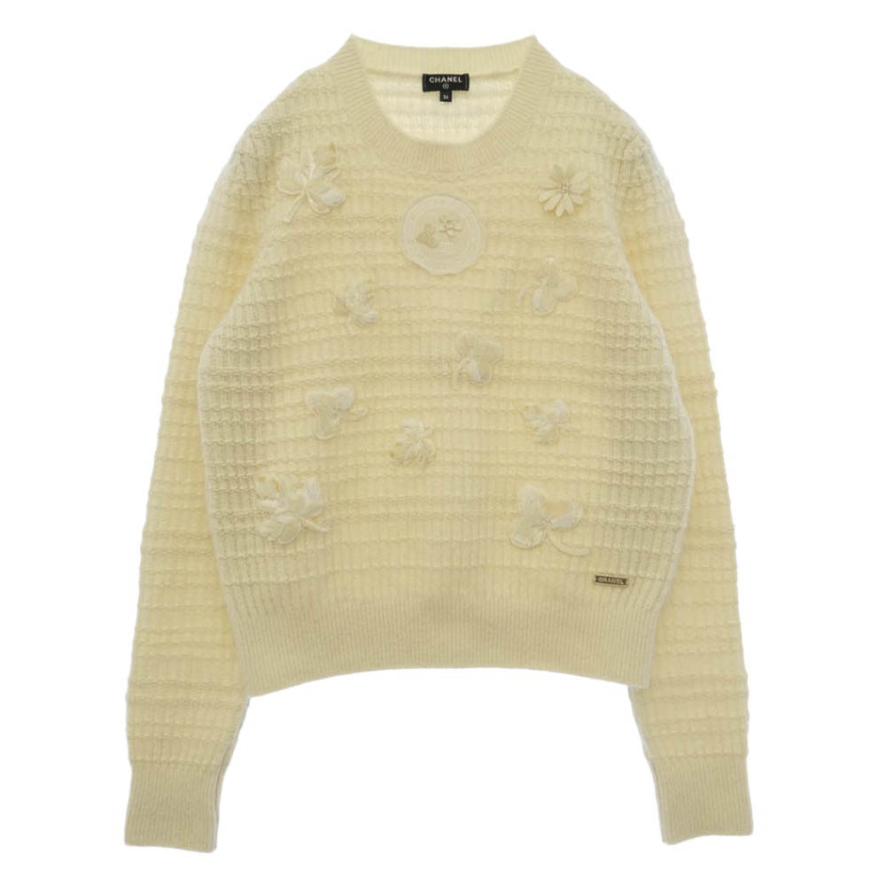 CHANEL シャネル 18AW P59732K07810 フラワー モチーフ ココマーク ロゴ カシミア混 ニット セーター アイボリー系 36【中古】