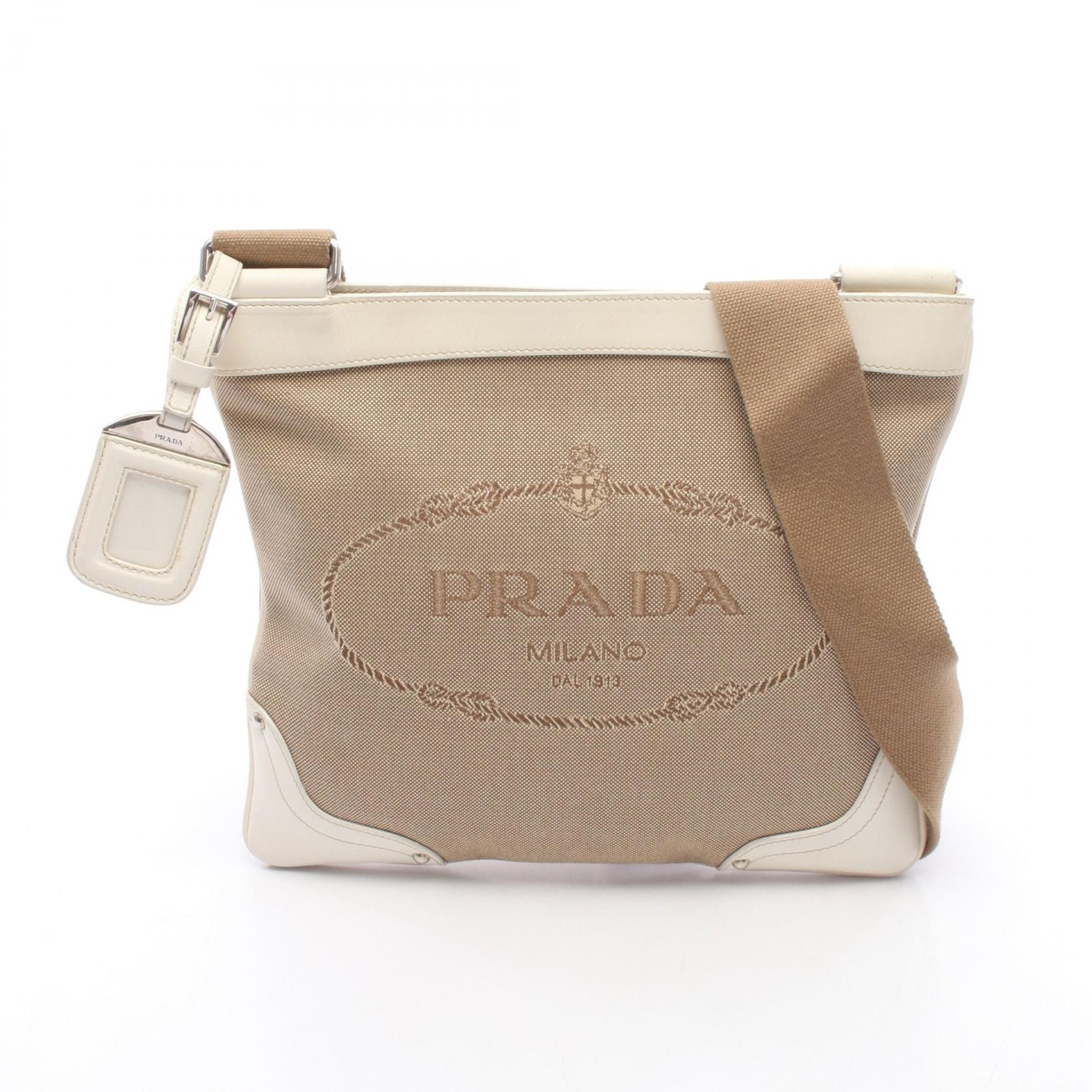 プラダ PRADA ロゴジャガード ショルダーバッグ バッグ キャンバス レザー レディース ベージュ系 / アイボリー系 【中古】