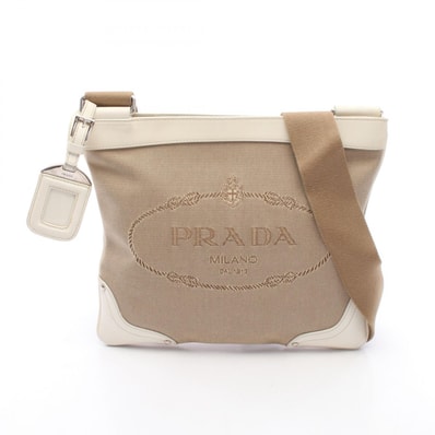 プラダ PRADA ロゴジャガード ショルダーバッグ バッグ キャンバス レザー レディース ベージュ系 / アイボリー系 【中古】