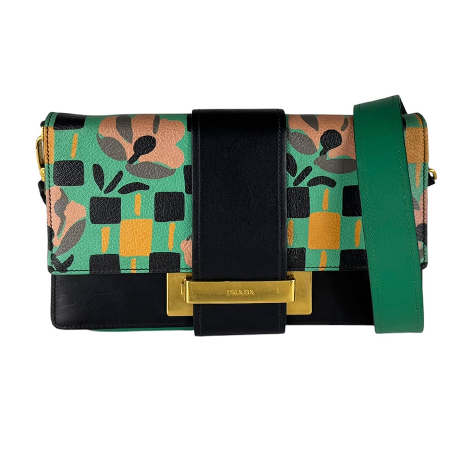 プラダ PRADA ショルダーバッグ レザー グリーン/ブラック レディース【中古】 z10698
