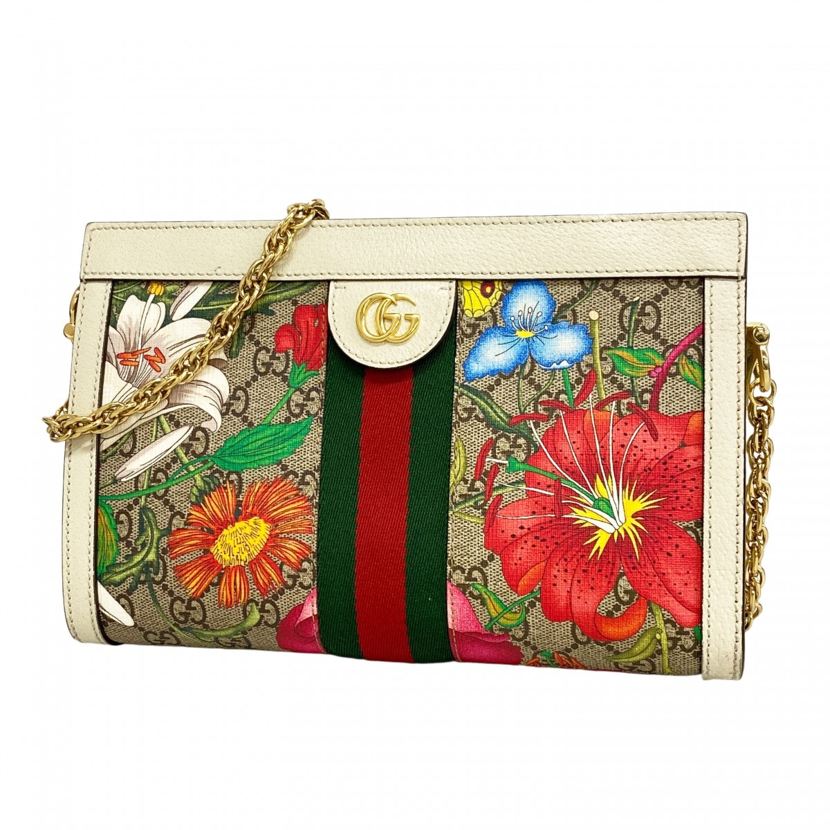 【6db2022】グッチ ショルダーバッグ オフィディア GGフローラ 503877 PVC ブラウン アイボリー ゴールド金具【中古】レディース