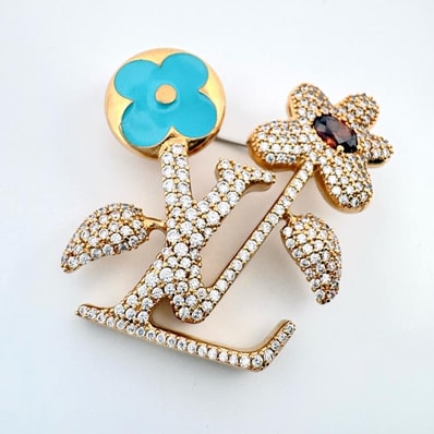 ルイ・ヴィトン LV ブルーミング ブローチ M01857 ゴールド ブラウン ブルー LOUIS VUITTON 正規品【鑑定済み】