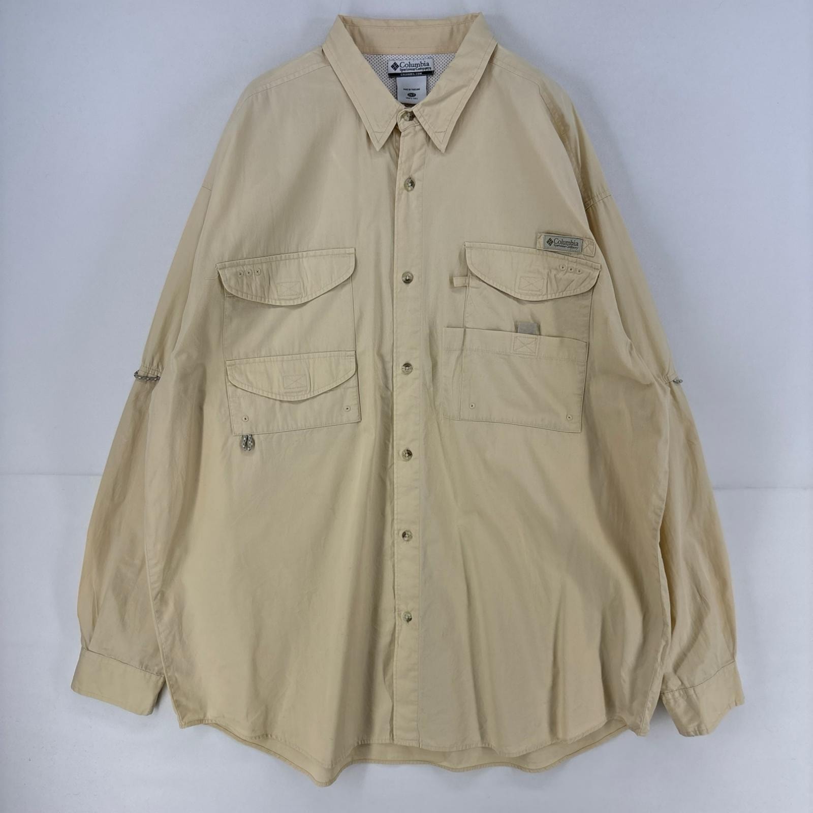 古着 コロンビア Columbia 長袖シャツ ワンポイント ロゴ 胸ポケット フィッシング PFG アウトドア 2XLT ベージュ系 メンズ