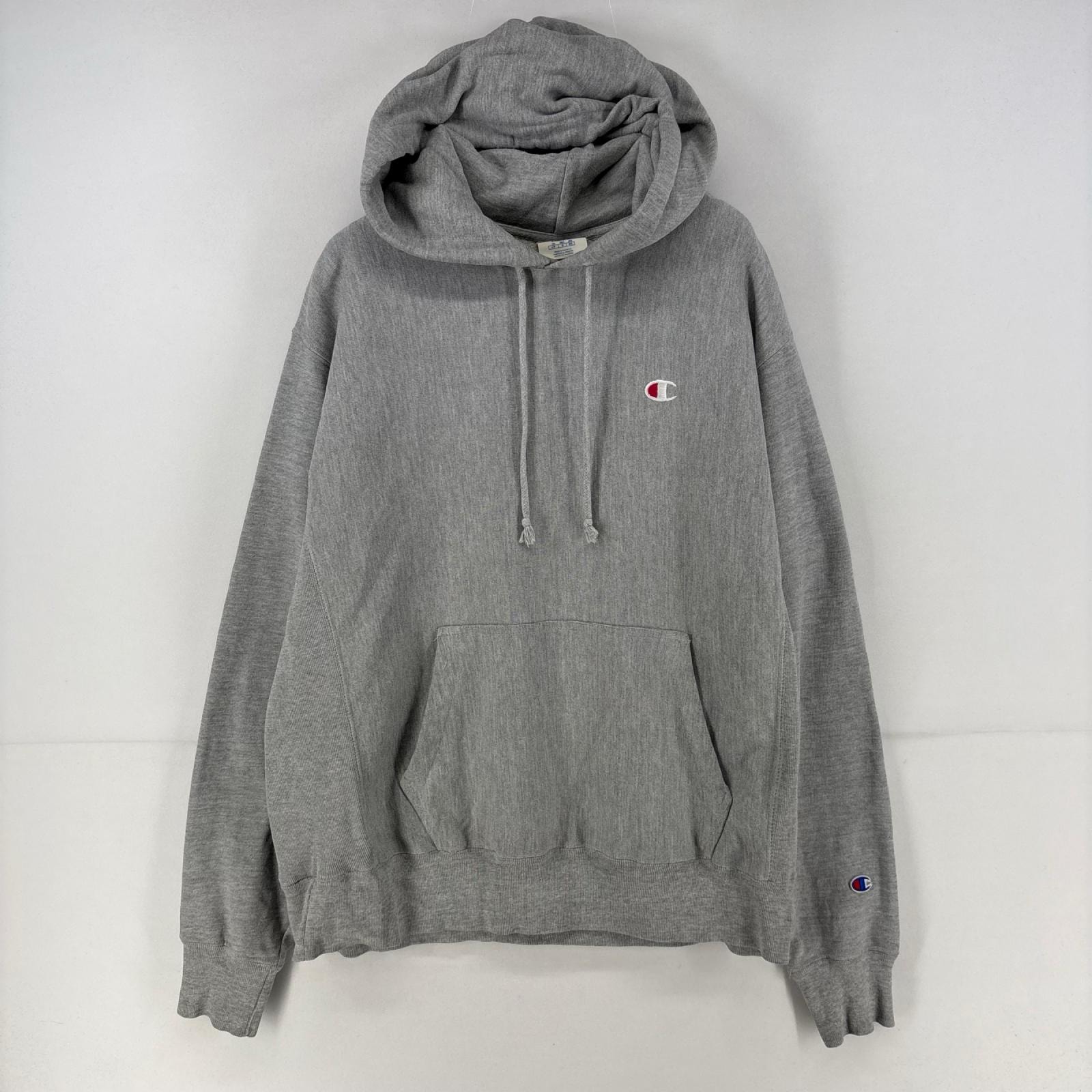 古着 チャンピオン Champion パーカー プルオーバー 刺繍 リバースウィーブ ワンポイント ロゴ L  グレー 無地 メンズ