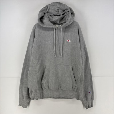 古着 チャンピオン Champion パーカー プルオーバー 刺繍 リバースウィーブ ワンポイント ロゴ L グレー 無地 メンズ