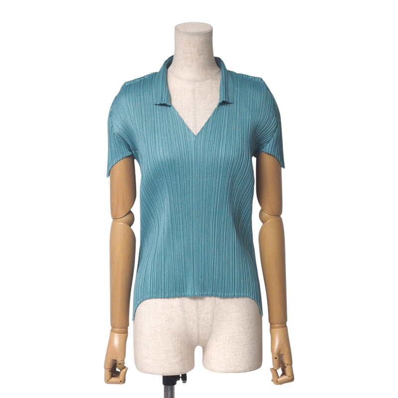 PLEATS PLEASE ISSEY MIYAKE プリーツプリーズ イッセイミヤケ カットソー サイズ3 プリーツ 半袖 スキッパーシャツ 襟付き Vネック 裾スリット ブランド古着【中古】20250410/RA4182