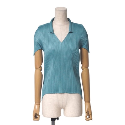 PLEATS PLEASE ISSEY MIYAKE プリーツプリーズ イッセイミヤケ カットソー サイズ3 プリーツ 半袖 スキッパーシャツ 襟付き Vネック 裾スリット ブランド古着【中古】20250410/RA4182