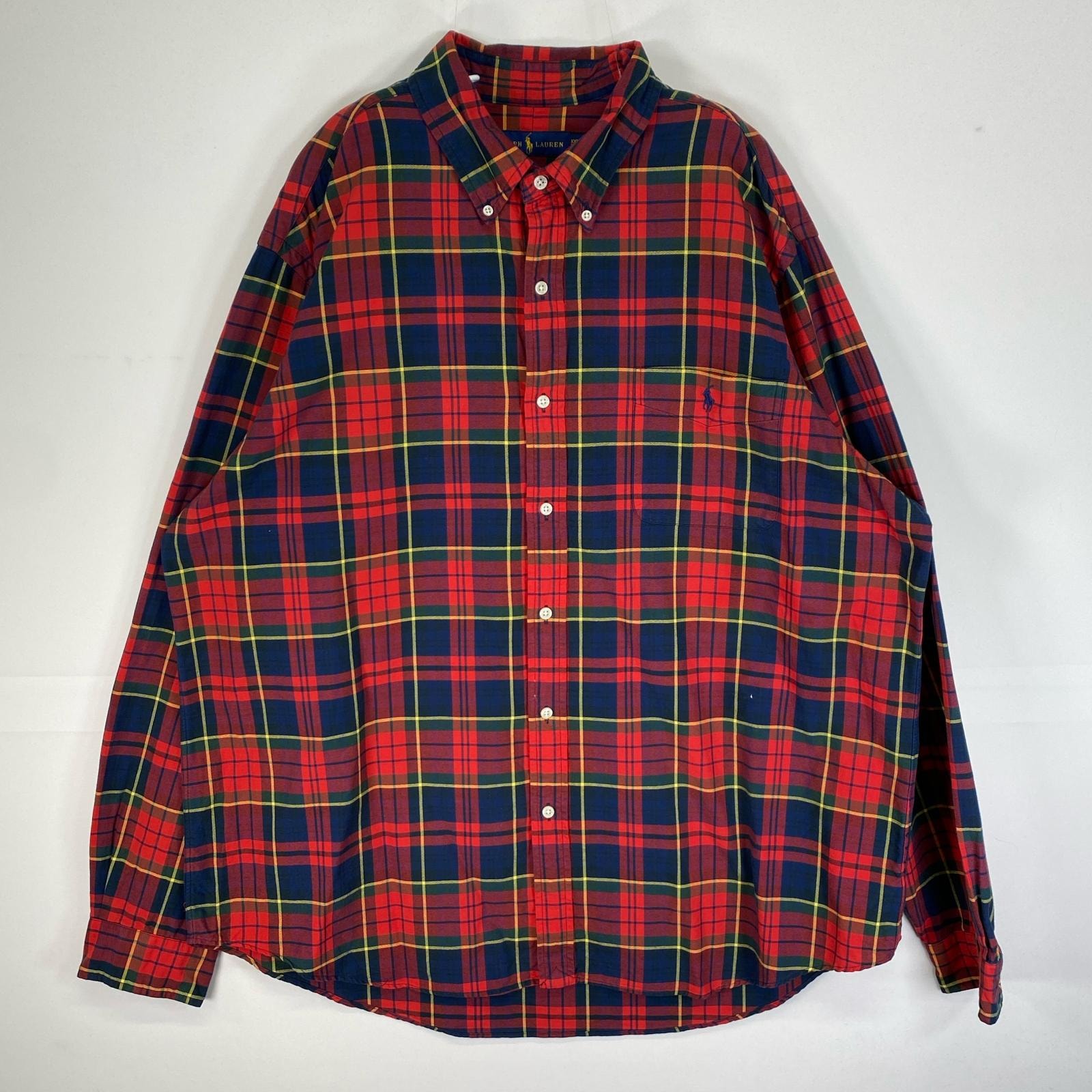 古着 ラルフローレン RALPH LAUREN 長袖シャツ チェック ロゴ 刺繍 ボタンダウン 14041  レッド系 マルチカラー メンズ