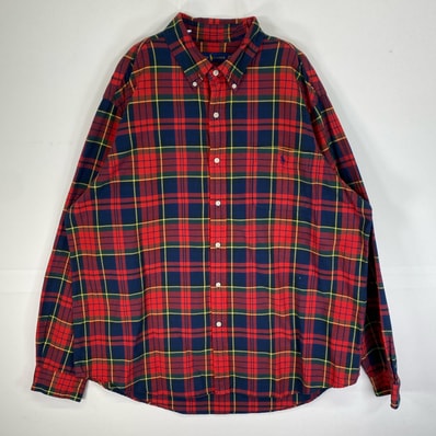 古着 ラルフローレン RALPH LAUREN 長袖シャツ チェック ロゴ 刺繍 ボタンダウン 14041 レッド系 マルチカラー メンズ