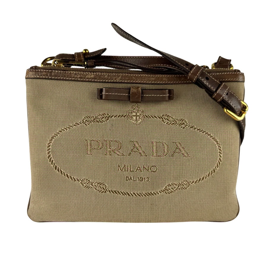 プラダ PRADA ショルダーバッグ ロゴ ジャガード キャンバス/レザー ブラウン レディース【中古】 z9947