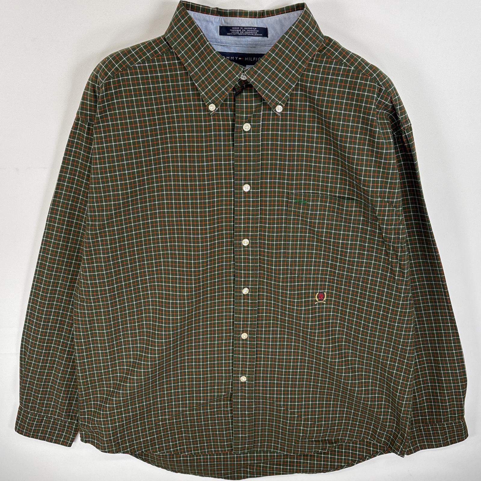 古着 トミーヒルフィガー TOMMY HILFIGER 長袖シャツ ボタンダウンシャツ ワンポイント 刺繍 ロゴ 胸ポケ L グリーン系 チェック メンズ