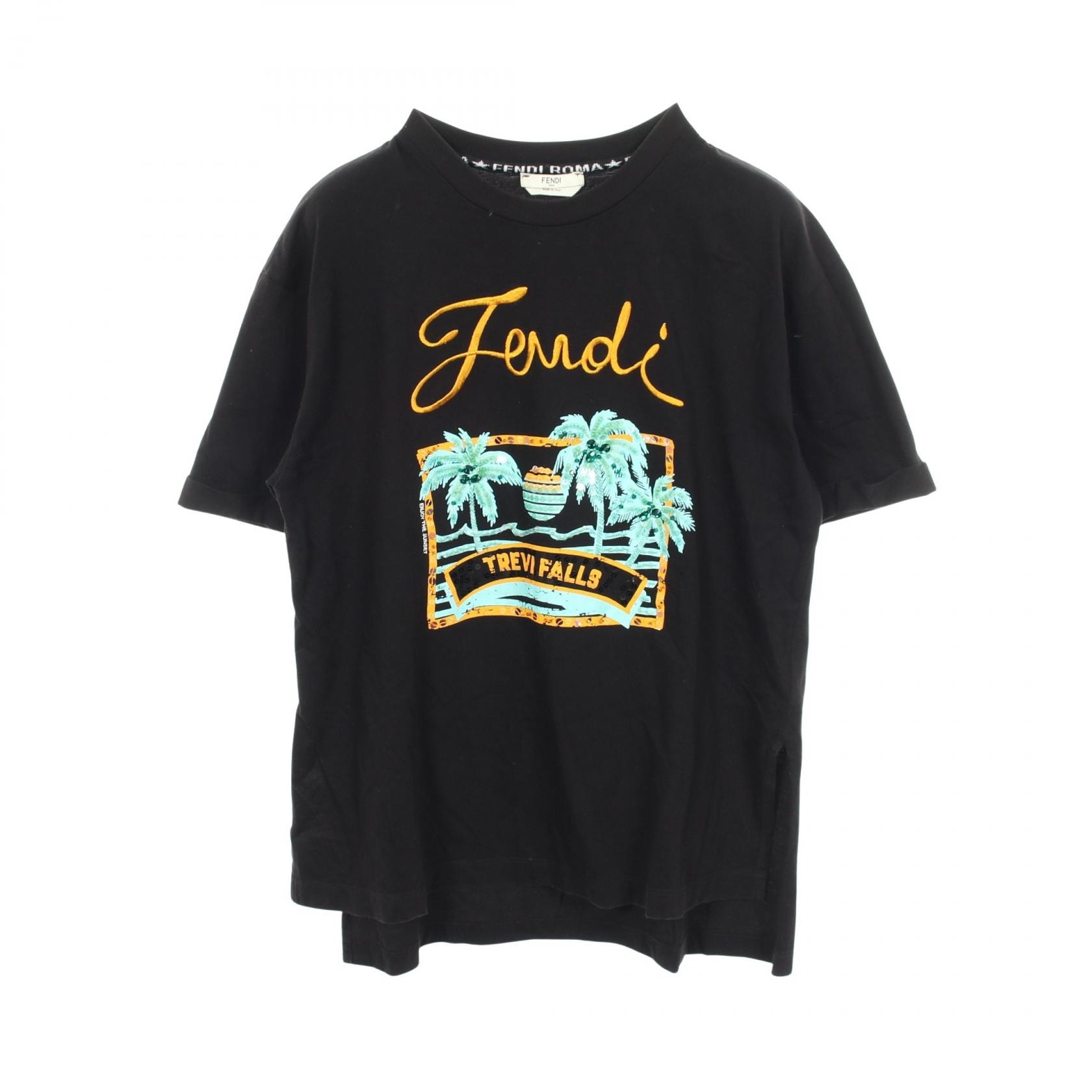 フェンディ FENDI TREVI FALLS スパンコール サイドスリット 半袖Tシャツ 衣料品 トップス コットン レディース ブラック系 FS7011 A43H 【中古】