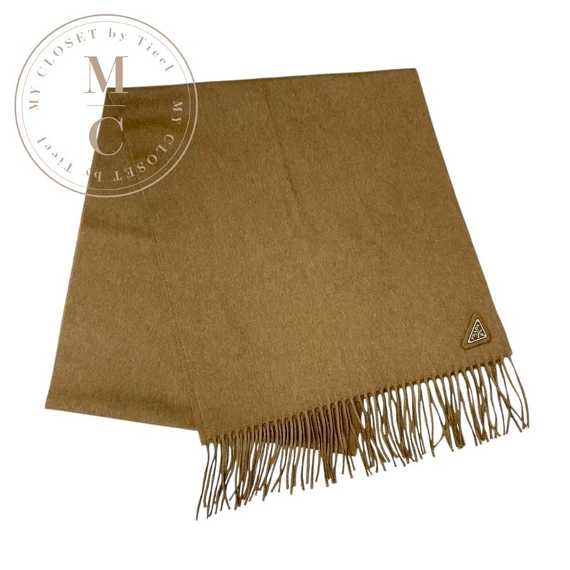 プラダ PRADA マフラー シルク キャメル シルバー トライアングルロゴ ストール