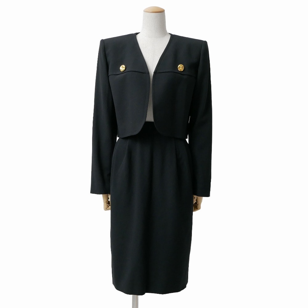 ■美品■Yves Saint Laurent rive gauche イヴサンローランリヴゴーシュ ヴィンテージ スカートスーツ サイズ36 クロップド ボタンレスジャケット ツータック タイトスカート ブランド古着【中古】20260608/RA9685