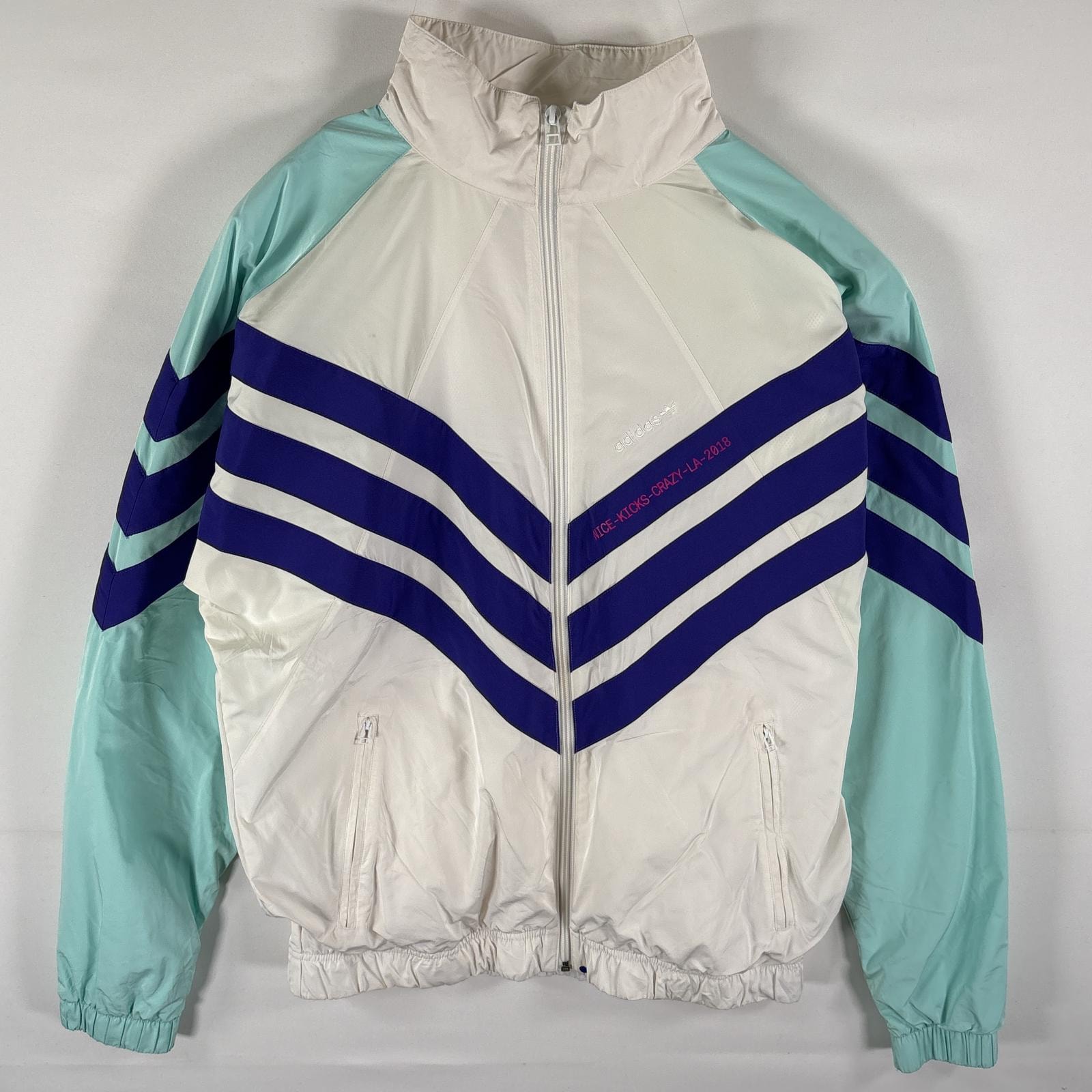 古着 アディダス adidas ナイロンジャケット フルジップ ロゴ刺繍 マルチカラー トレフォイルロゴ NICE KICKS M ホワイト メンズ