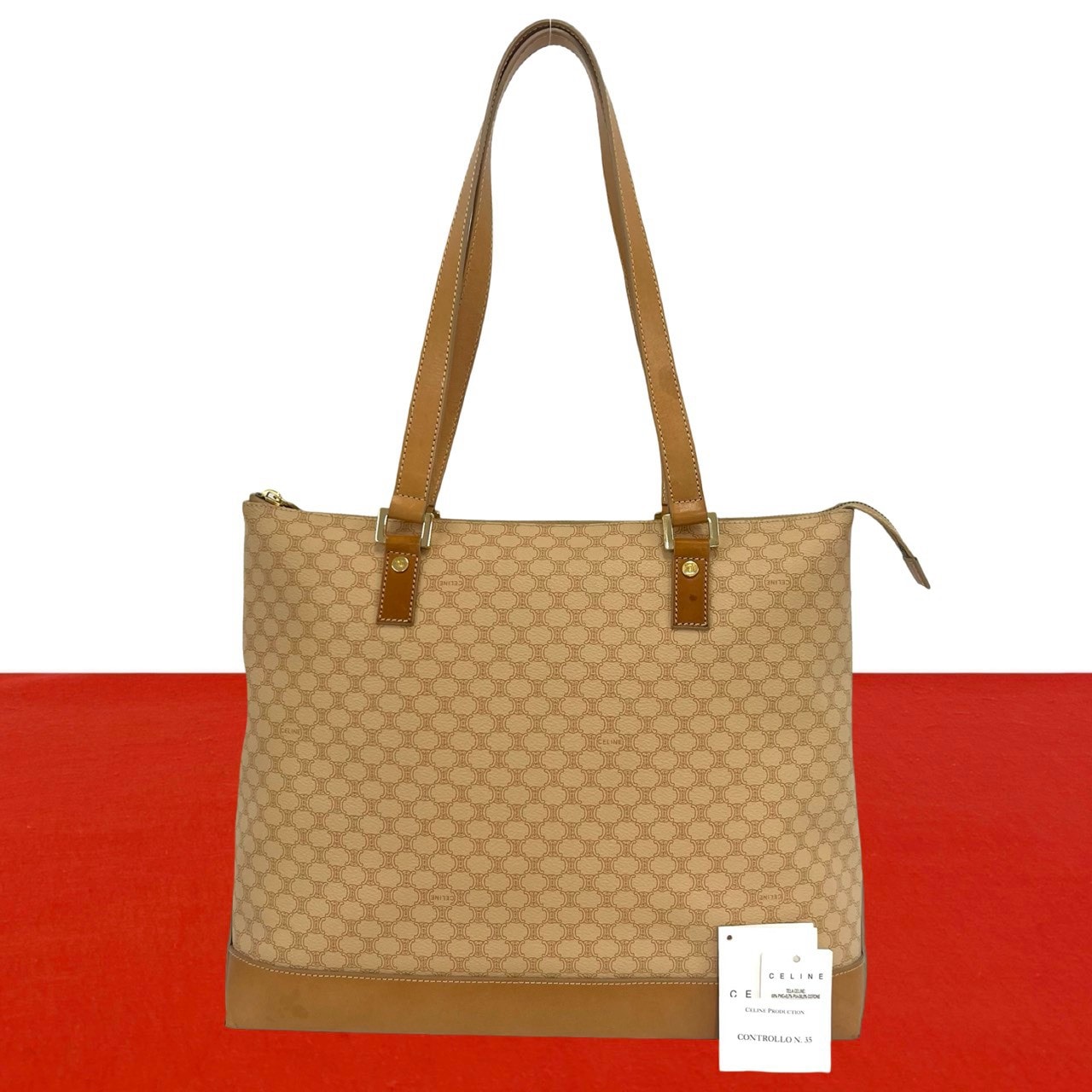 CELINE セリーヌ マカダム ブラゾン 柄 PVC レザー トートバッグ ベージュ
 50198