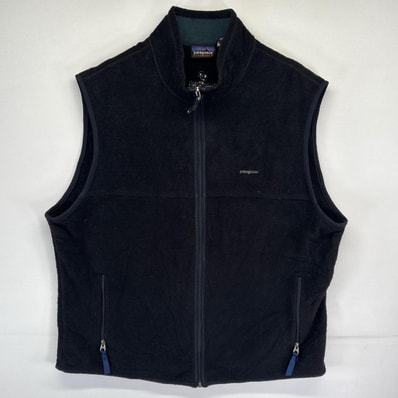 古着 パタゴニア patagonia USA製 ベスト フリース シンチラ アウトドア フルジップ ワンポイントロゴ刺繍 2XL ブラック メンズ