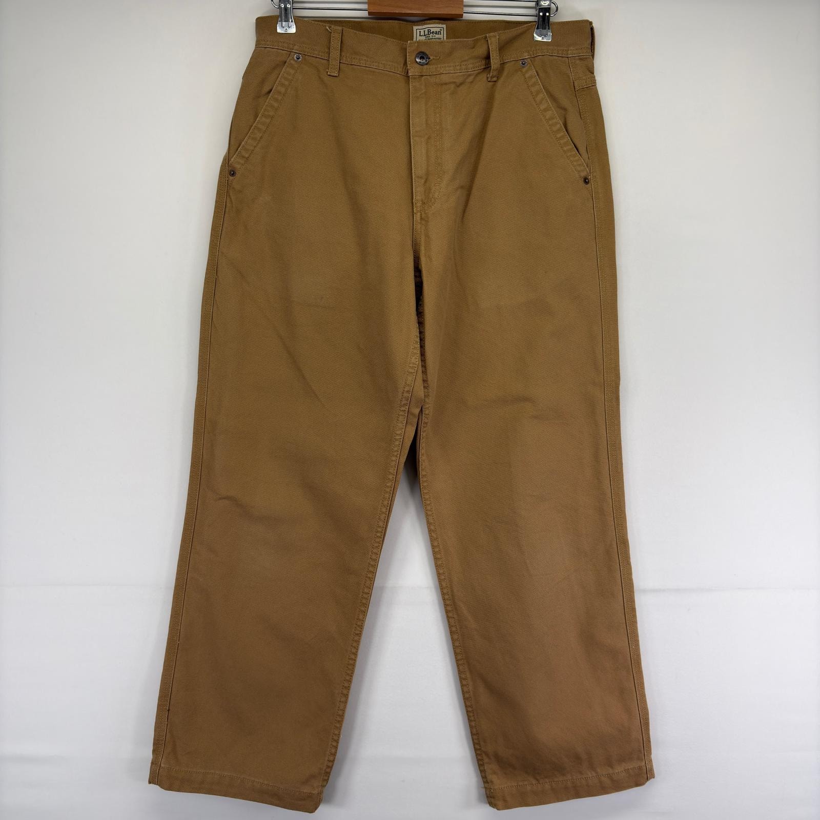 古着 エルエルビーン L.L.Bean ダック パンツ 裏地チェック ジップフライ レザーパッチ w34 L30  ベージュ メンズ