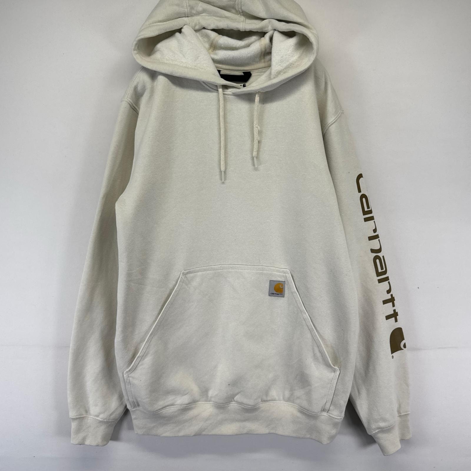 古着 カーハート Carhartt パーカー プルオーバー 袖ロゴ ワンポイントロゴ フーディー スウェット S  ホワイト系 メンズ