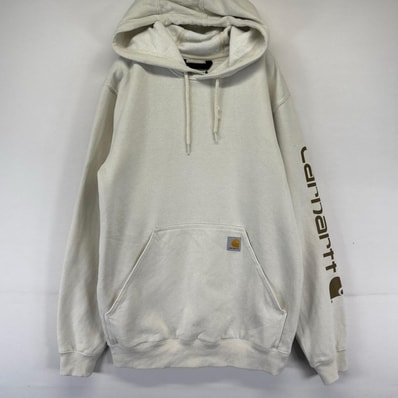 古着 カーハート Carhartt パーカー プルオーバー 袖ロゴ ワンポイントロゴ フーディー スウェット S ホワイト系 メンズ