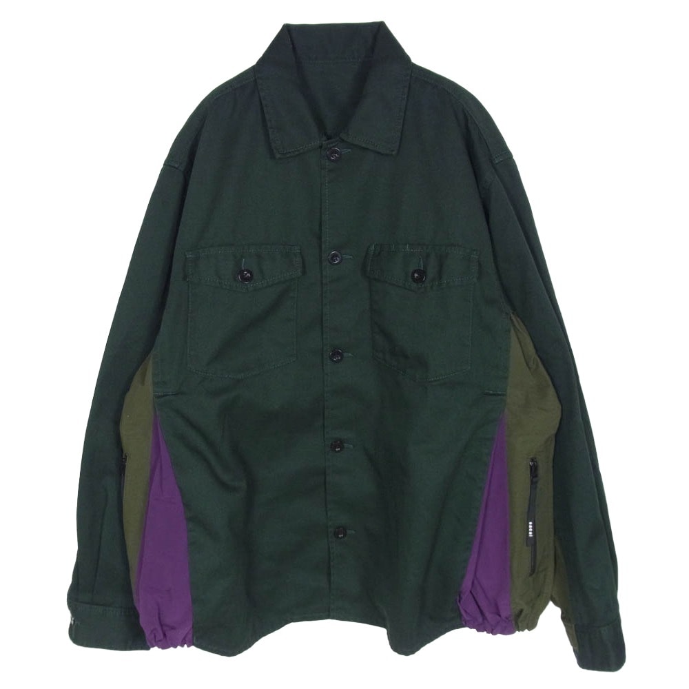 Sacai サカイ ジャケット 21AW 21-02651M Grosgrain Shirt グロスグレイン 再構築 切替 シャツ ジャケット モスグリーン系 4【中古】