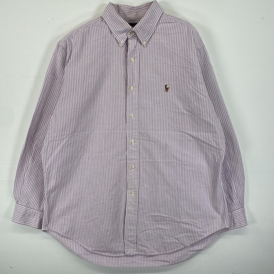 古着 90's/90年代 ラルフローレン RALPH LAUREN 長袖シャツ ボタンダウン ロゴ刺繍 ワンポイントロゴ 16 2/1 パープル系 ストライプ メンズ