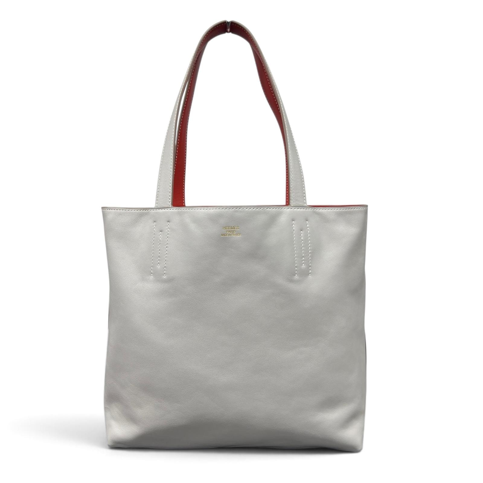 HERMES 極美品 エルメス ドゥブルセンス28 トートバッグ レザー □Q刻印 2013年製造 オレンジレッド ライトグレー リバーシブル ハンドバッグ Aランク 中古 鑑定済 エルメスバッグ