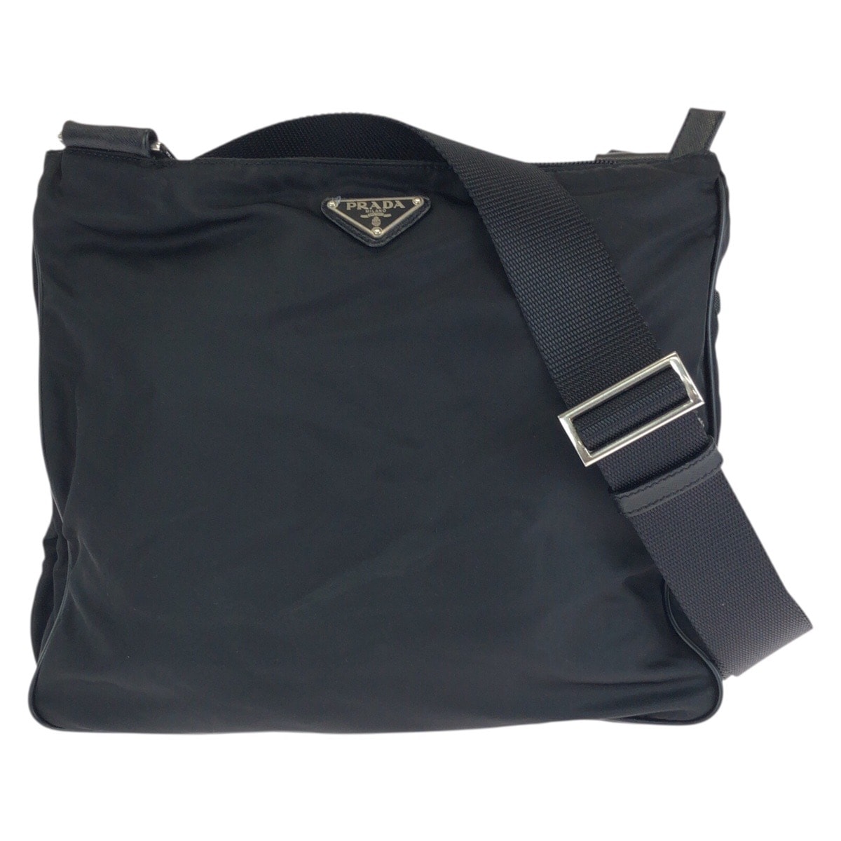 美品 PRADA プラダ テスート サフィアーノ 三角ロゴプレート ブラック 黒 シルバー金具 ナイロン レザー/ ショルダーバッグ 男女兼用 602843 【中古】