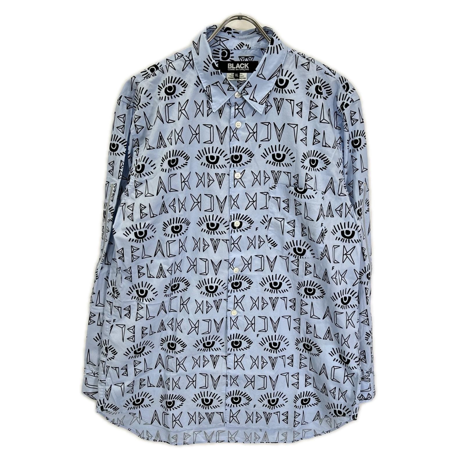 ブラックコムデギャルソン 25AW 1P-B016 ブルー×ブラック ロゴ総柄 プリント L/Sシャツ XL