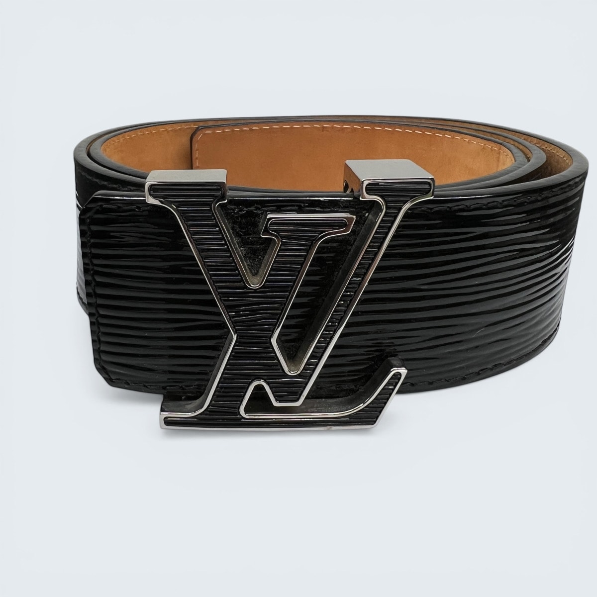 LOUIS VUITTON 希少 美品 ルイヴィトン サンチュール LV イニシャル エピエレクトリック ノワール ベルト M9830 エナメル レザー CT1112 ブラック 85/34 メンズ ヴィトン ABランク 中古 鑑定済 ヴィトンベルト