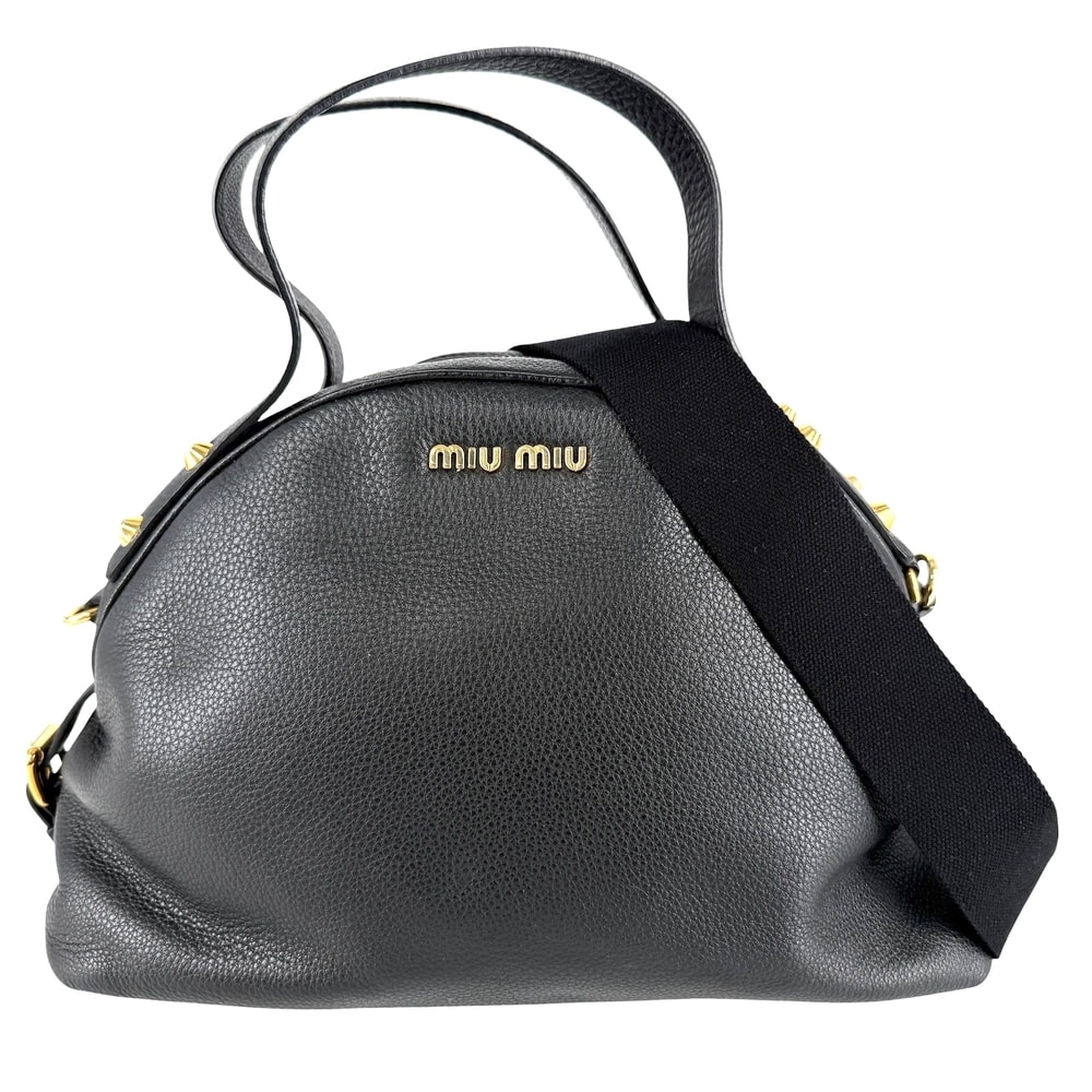MIUMIU ミュウミュウ 2WAY ロゴ 斜め掛け ショルダーバッグ ハンドバッグ 5BB034 レザー    ブラック 黒 ゴールド金具 レディース【中古品】