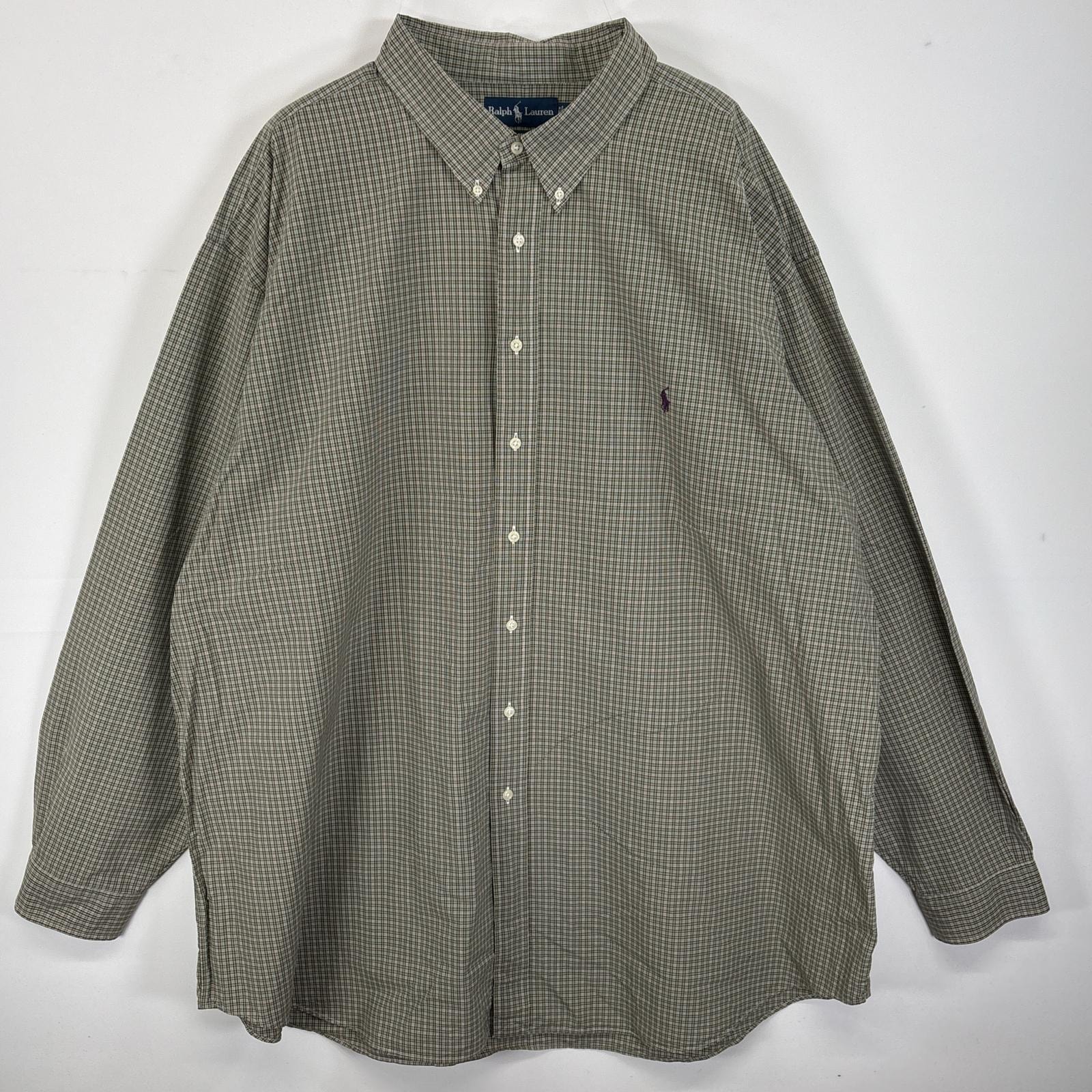 古着 ラルフローレン RALPH LAUREN 長袖シャツ ボタンダウンシャツ ワンポイント ロゴ 刺繍 大きいサイズ 4XLT  グリーン系 チェック メンズ