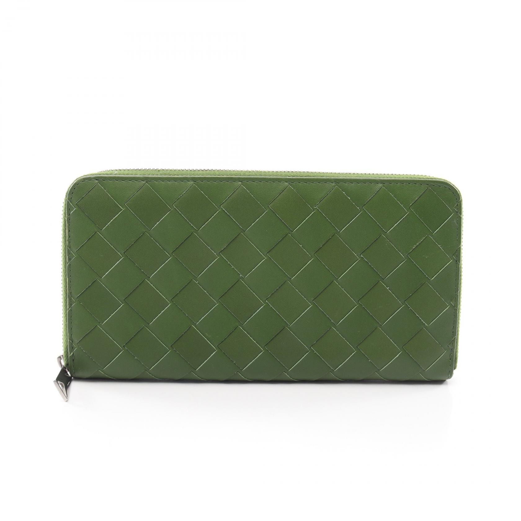 ボッテガヴェネタ BOTTEGA VENETA イントレチャート ラウンド長財布 財布 レザー メンズ レディース グリーン系 【中古】